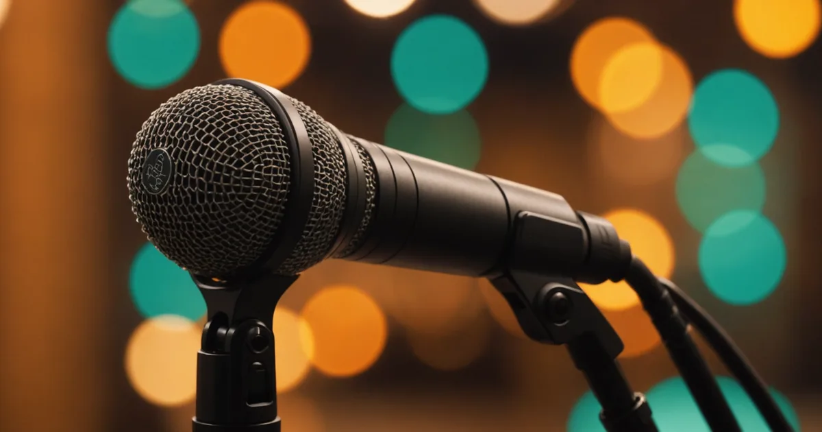 A microphone in soft focus against warm bokeh lights representing brand voice