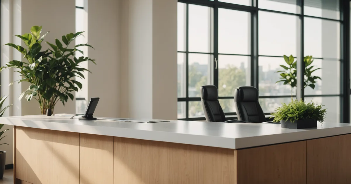 An empty office reception desk with a phone and soft morning light