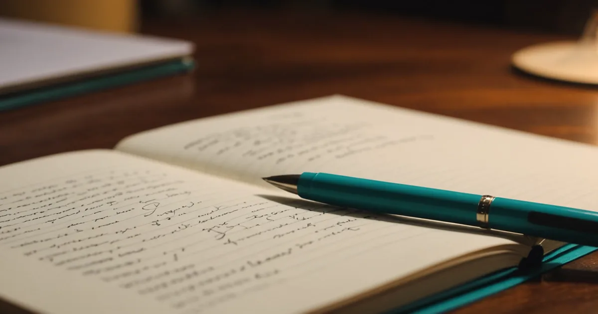 Close-up of an open notebook with handwritten notes, soft focus