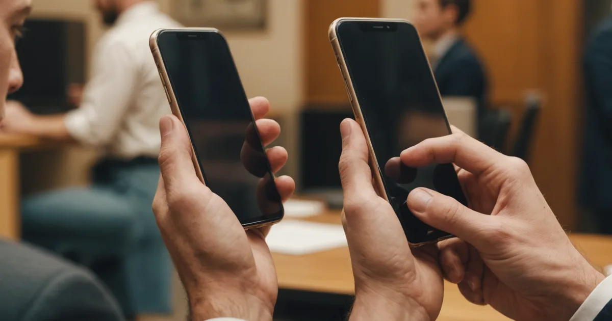 A person holding a phone away from their ear with a frustrated expression, blurred background